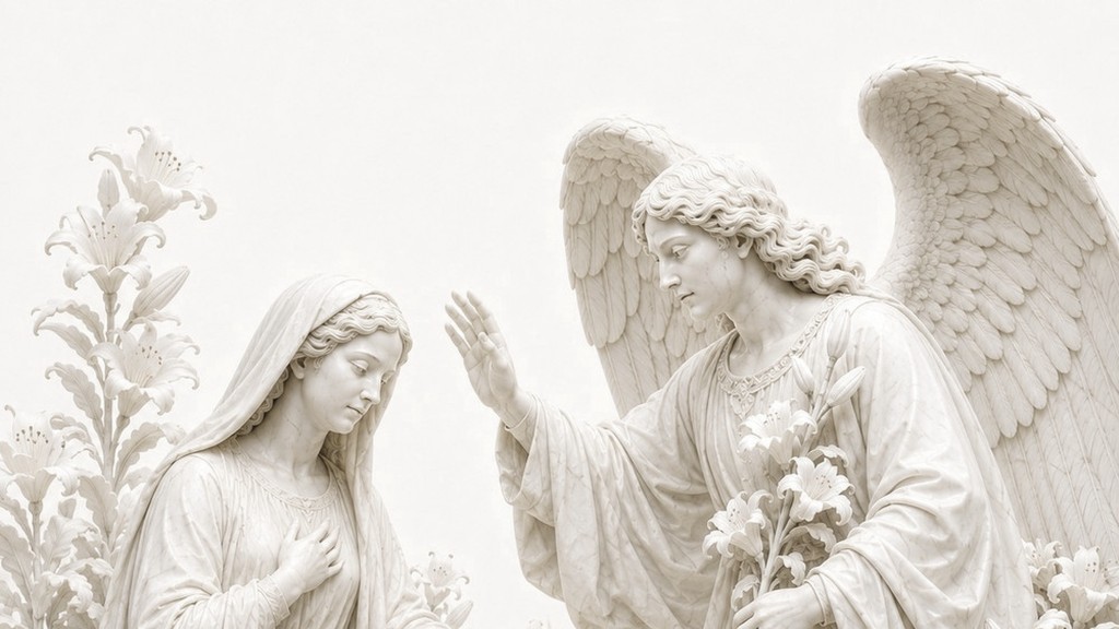 Marble sculpture of the Annunciation: the Virgin Mary and the angel Gabriel with lilies.