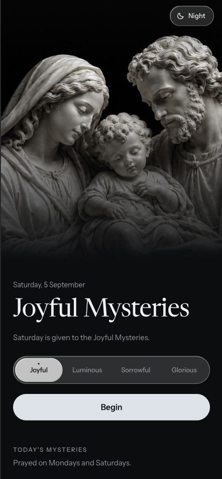 Rosary Guide home in night mode, Joyful Mysteries for Saturday