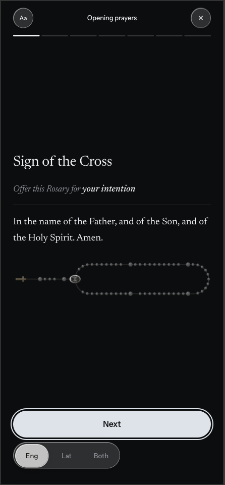Opening prayers: the Sign of the Cross, with Next and English selected