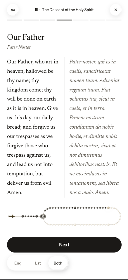Rosary Guide showing the Our Father in English and Latin, with a visual rosary tracker